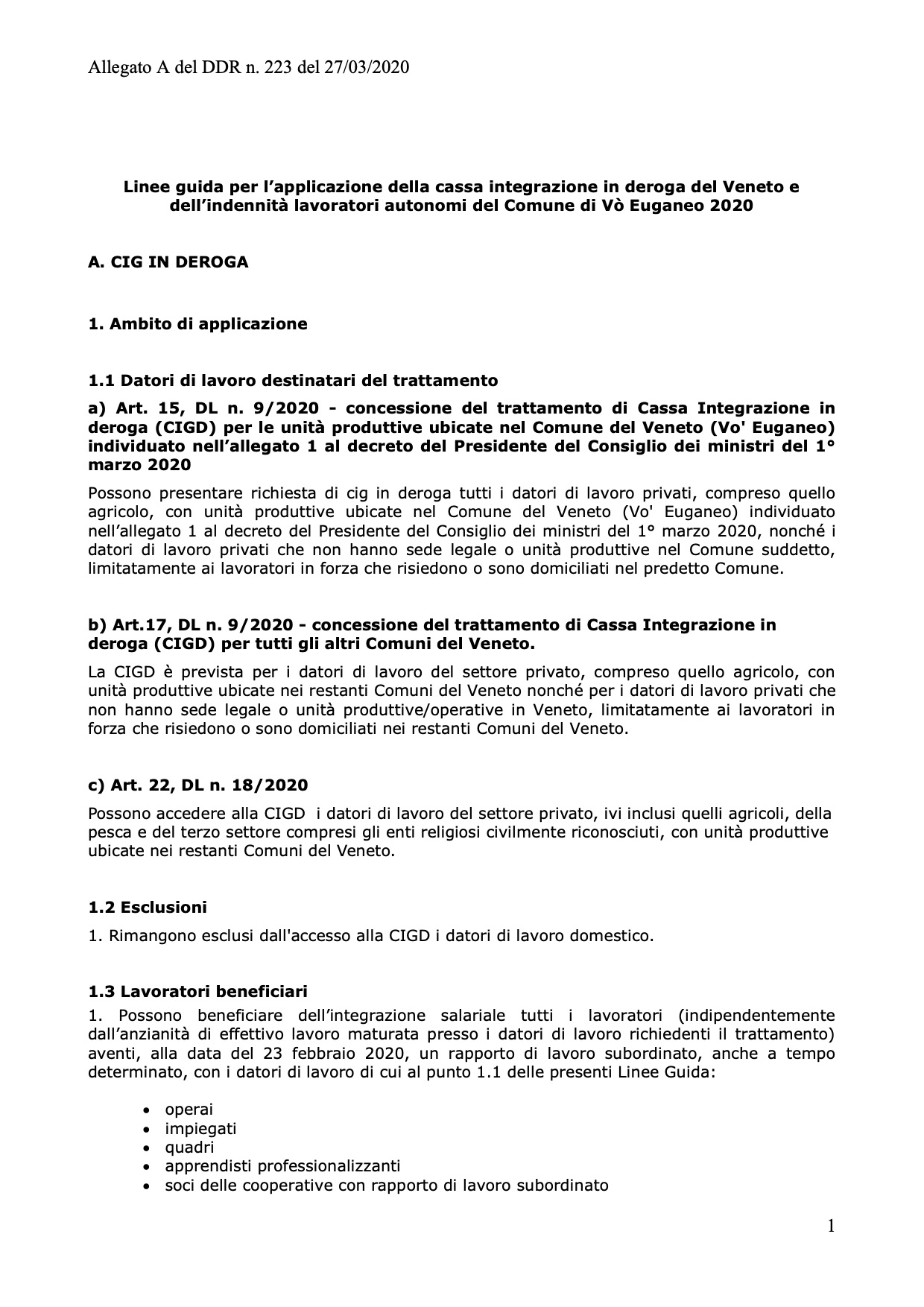 Allegato A DDR Veneto 27.03.2020 - Linee guida per l’applicazione della cassa integrazione in deroga del Veneto e dell’indennità lavoratori autonomi del Comune di Vò Euganeo 2020